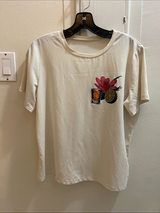 SHEIN Tops - SHEIN Ivory Tee with Pink Floral and Yellow Lime Graphic